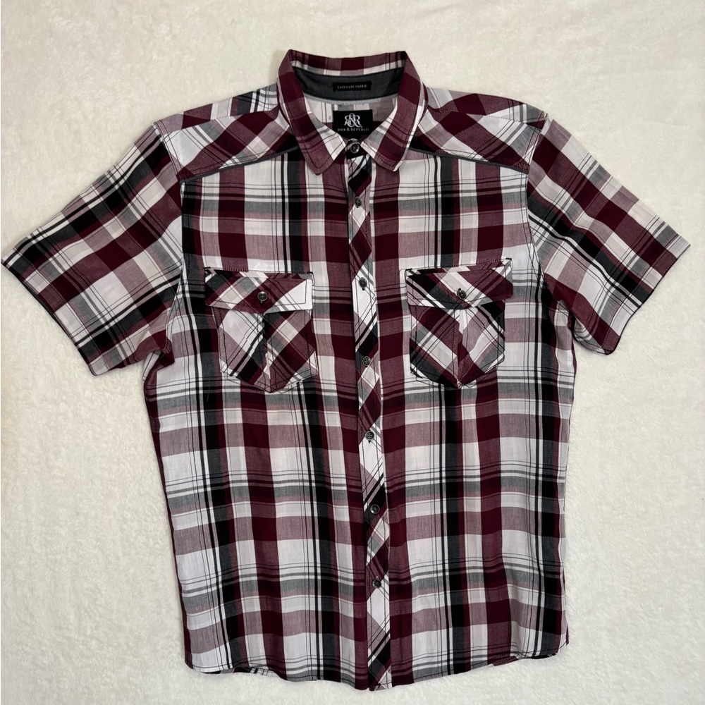 Rock & Republic Maroon and White Plaid Shirt Size Large
